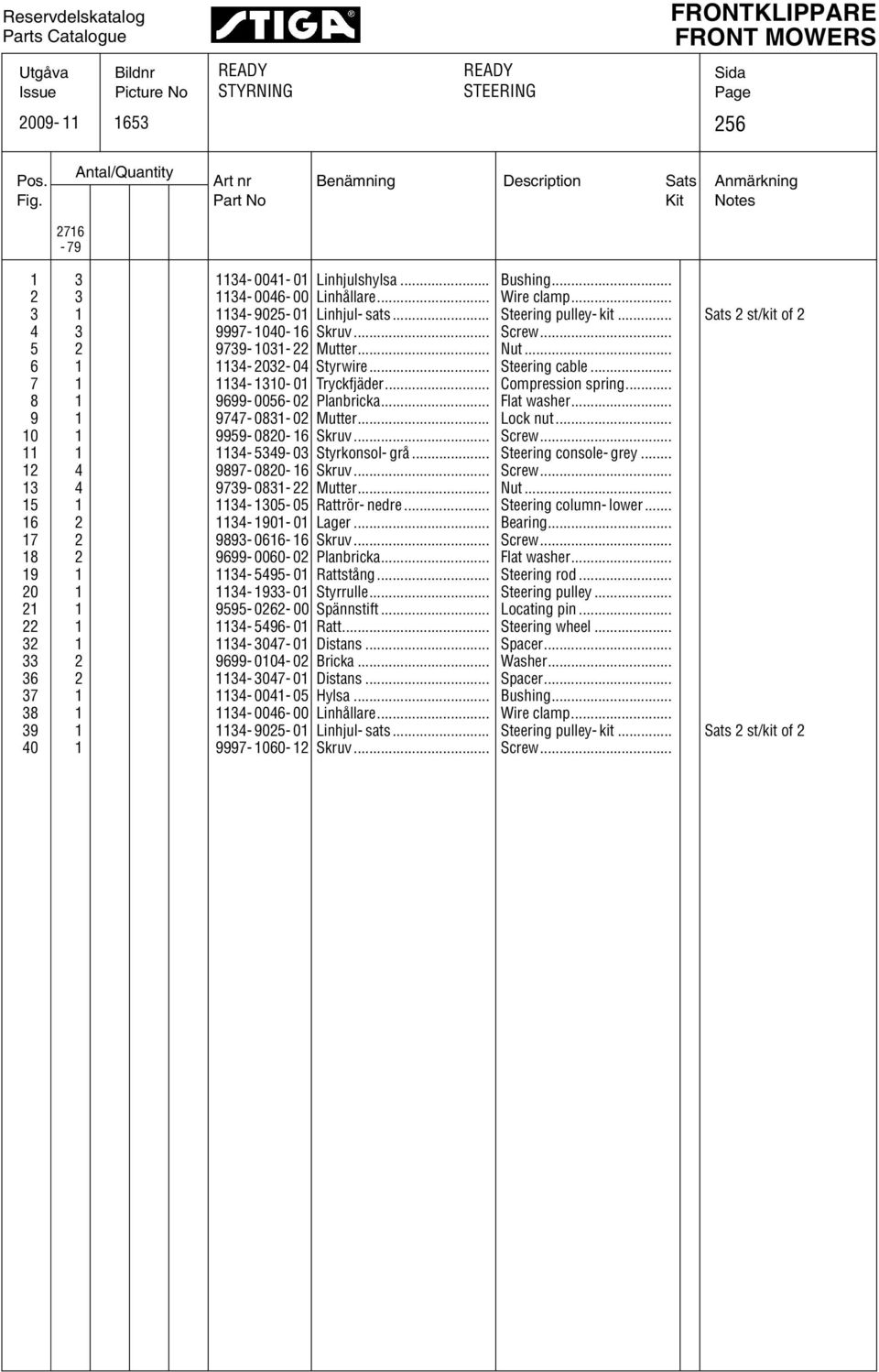 .. 3 1 1134-02- 01 Linhjul- sats... Steering pulley- kit... Sats 2 st/kit of 2 4 3 7-1040- 1 Skruv... Screw... 2 73-1031- 22 Mutter... Nut... 1 1134-2032- 04 Styrwire... Steering cable.