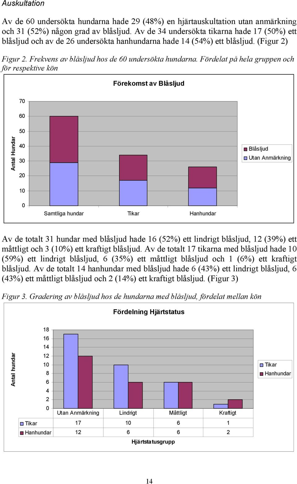 Fördelat på hela gruppen och för respektive kön Förekomst av Blåsljud 70 60 50 Antal Hundar 40 30 20 Blåsljud Utan Anmärkning 10 0 Samtliga hundar Tikar Hanhundar Av de totalt 31 hundar med blåsljud