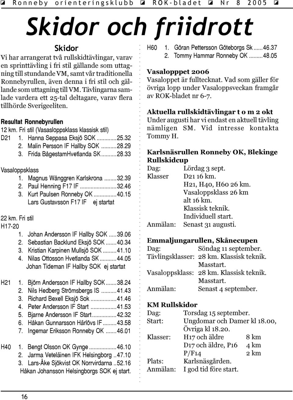 Resultat Ronnebyrullen 12 km. Fri stil (Vasasloppsklass klassisk stil) D21 1. Hanna Seppasa Eksjö SOK...25.32 2. Malin Persson IF Hallby SOK...28.29 3. Frida BågestamHvetlanda SK...28.33 Vasaloppsklass 1.