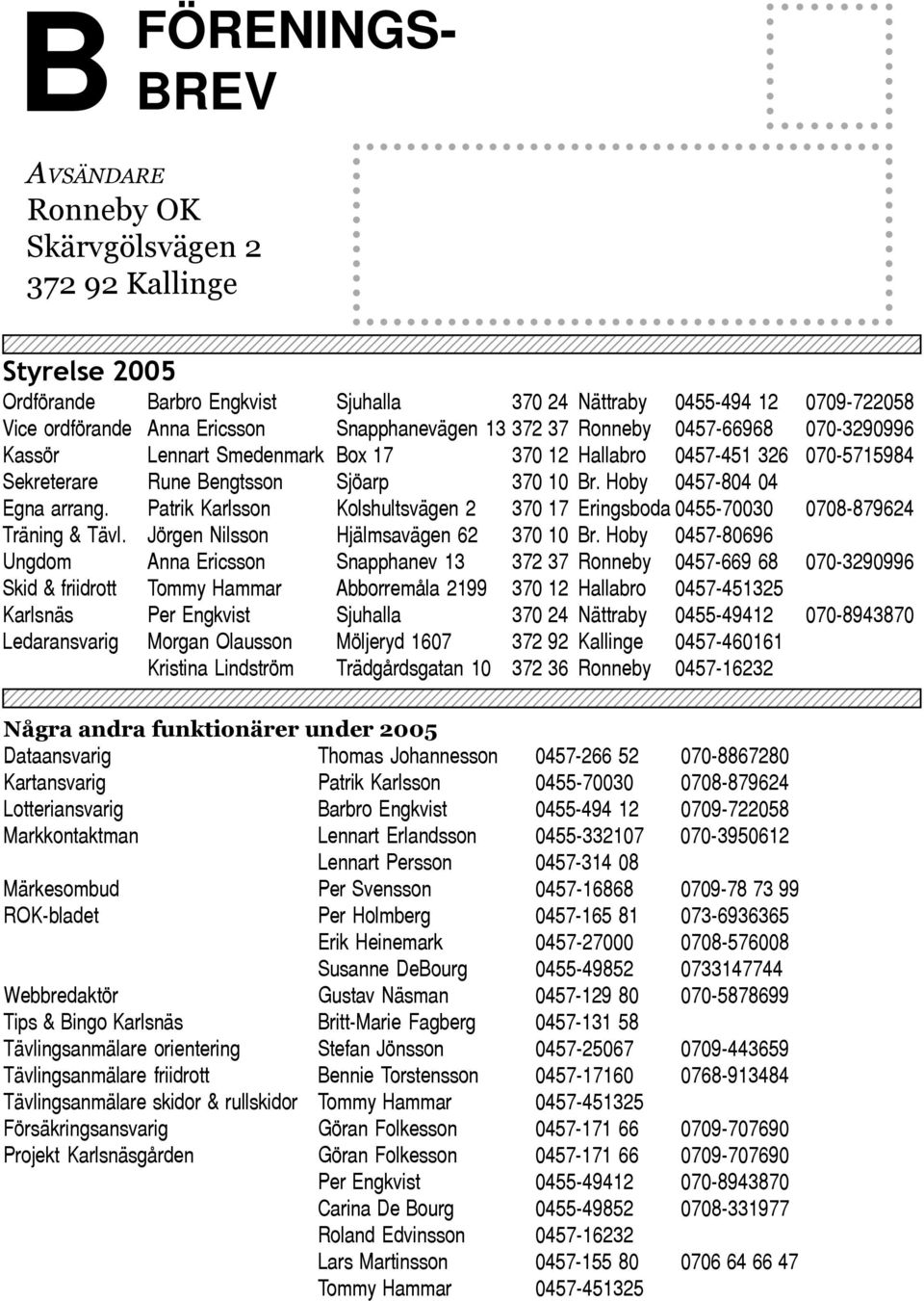 Styrelse 2005 Ordförande Barbro Engkvist Sjuhalla 370 24 Nättraby 0455-494 12 0709-722058 Vice ordförande Anna Ericsson Snapphanevägen 13 372 37 Ronneby 0457-66968 070-3290996 Kassör Lennart