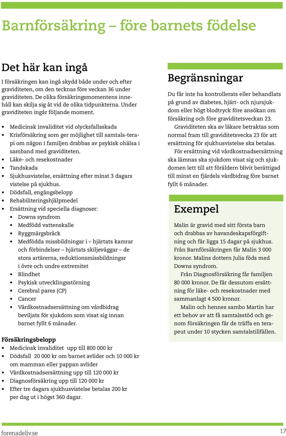 Medicinsk invaliditet vid olycksfallsskada Krisförsäkring som ger möjlighet till samtals-terapi om någon i familjen drabbas av psykisk ohälsa i samband med graviditeten.