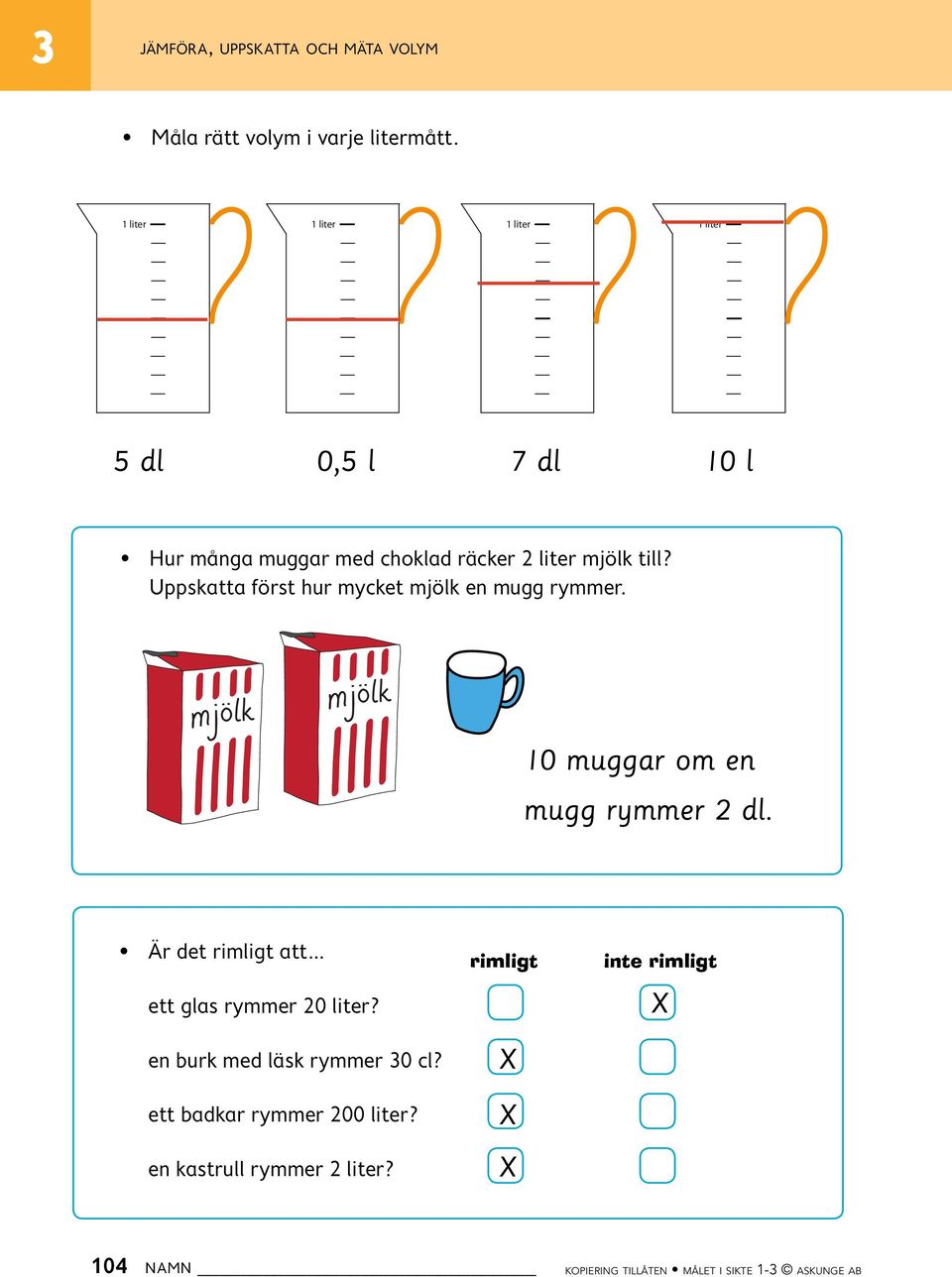 Uppskatta först hur mycket mjölk en mugg rymmer. 10 muggar om en mugg rymmer 2 dl. Är det rimligt att.