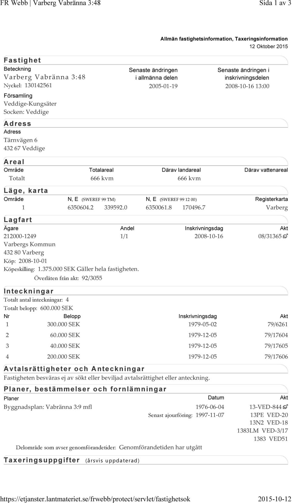 Församling Veddige Kungsäter Socken: Veddige A dress Adress Tärnvägen 6 432 67 Veddige Senaste ändringen i allmänna delen 2005 01 19 Senaste ändringen i inskrivningsdelen 2008 10 16 13:00 A real