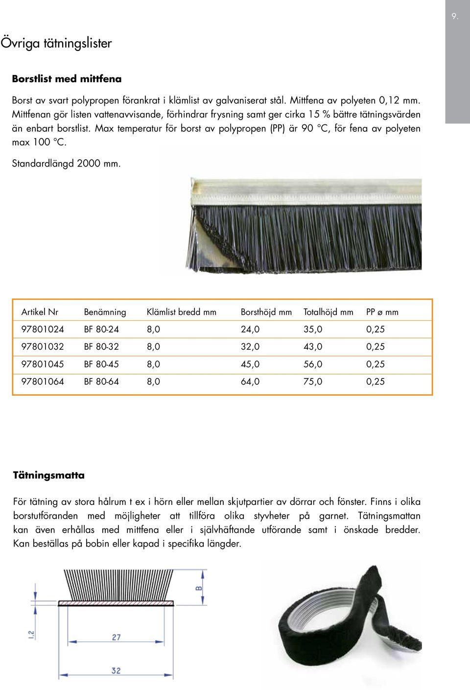 Max temperatur för borst av polypropen (PP) är 90 C, för fena av polyeten max 100 C. Standardlängd 2000 mm.