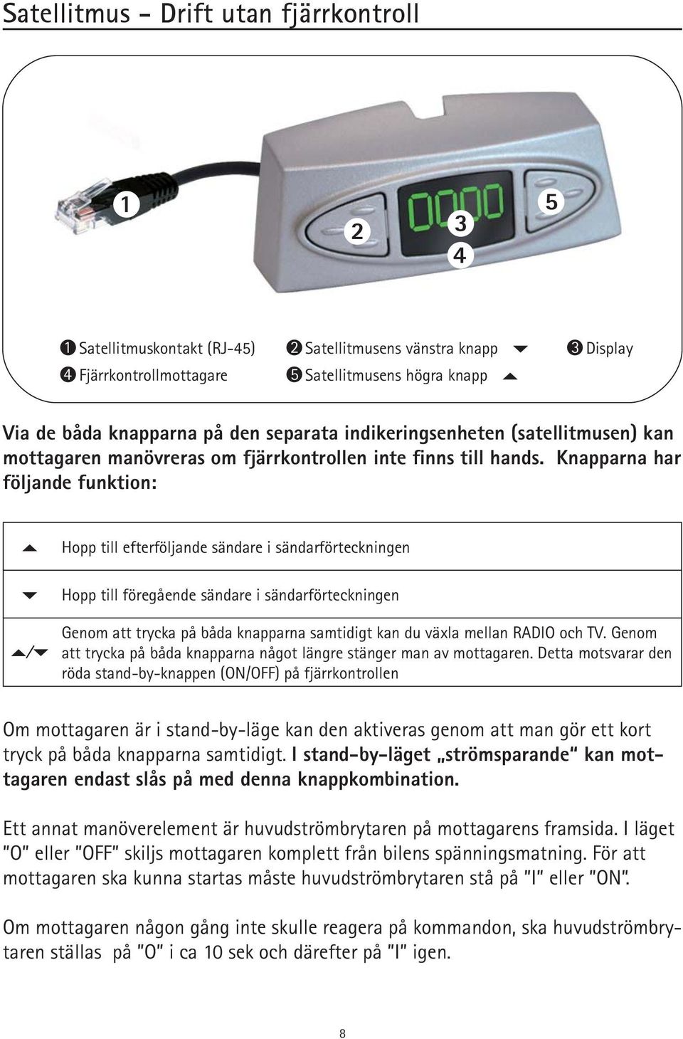 Knapparna har följande funktion: Hopp till efterföljande sändare i sändarförteckningen Hopp till föregående sändare i sändarförteckningen Genom att trycka på båda knapparna samtidigt kan du växla