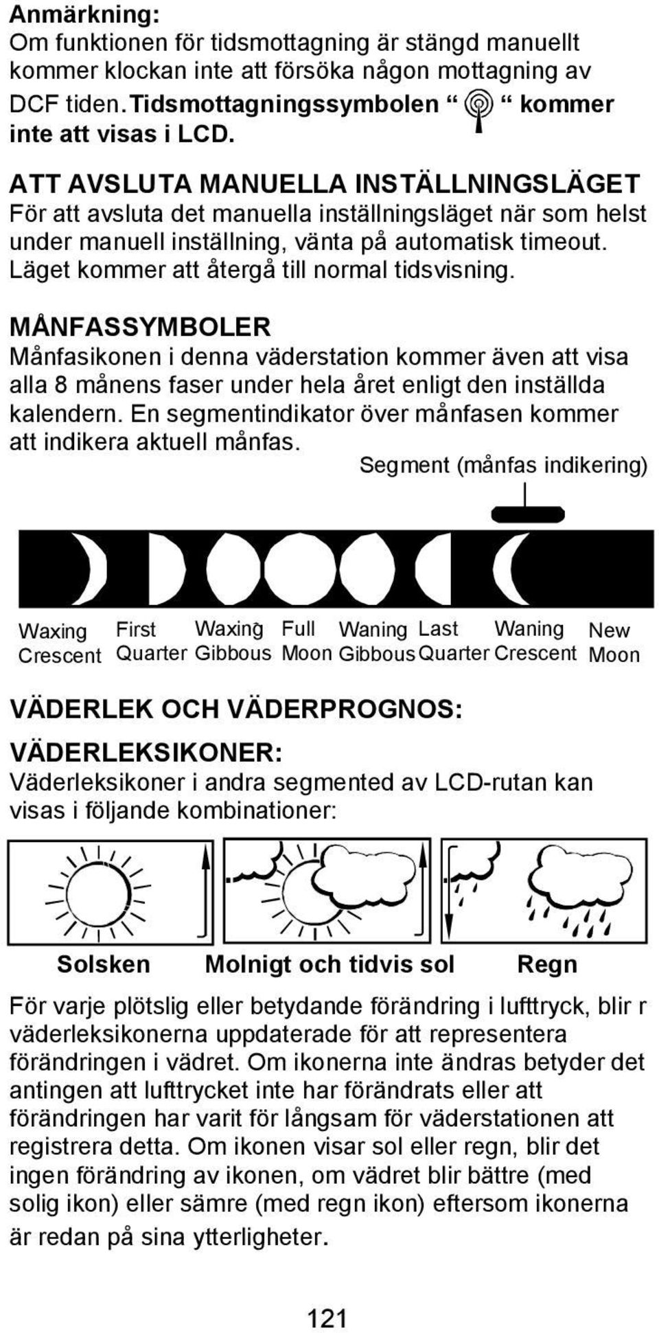 Läget kommer att återgå till normal tidsvisning. MÅNFASSYMBOLER Månfasikonen i denna väderstation kommer även att visa alla 8 månens faser under hela året enligt den inställda kalendern.