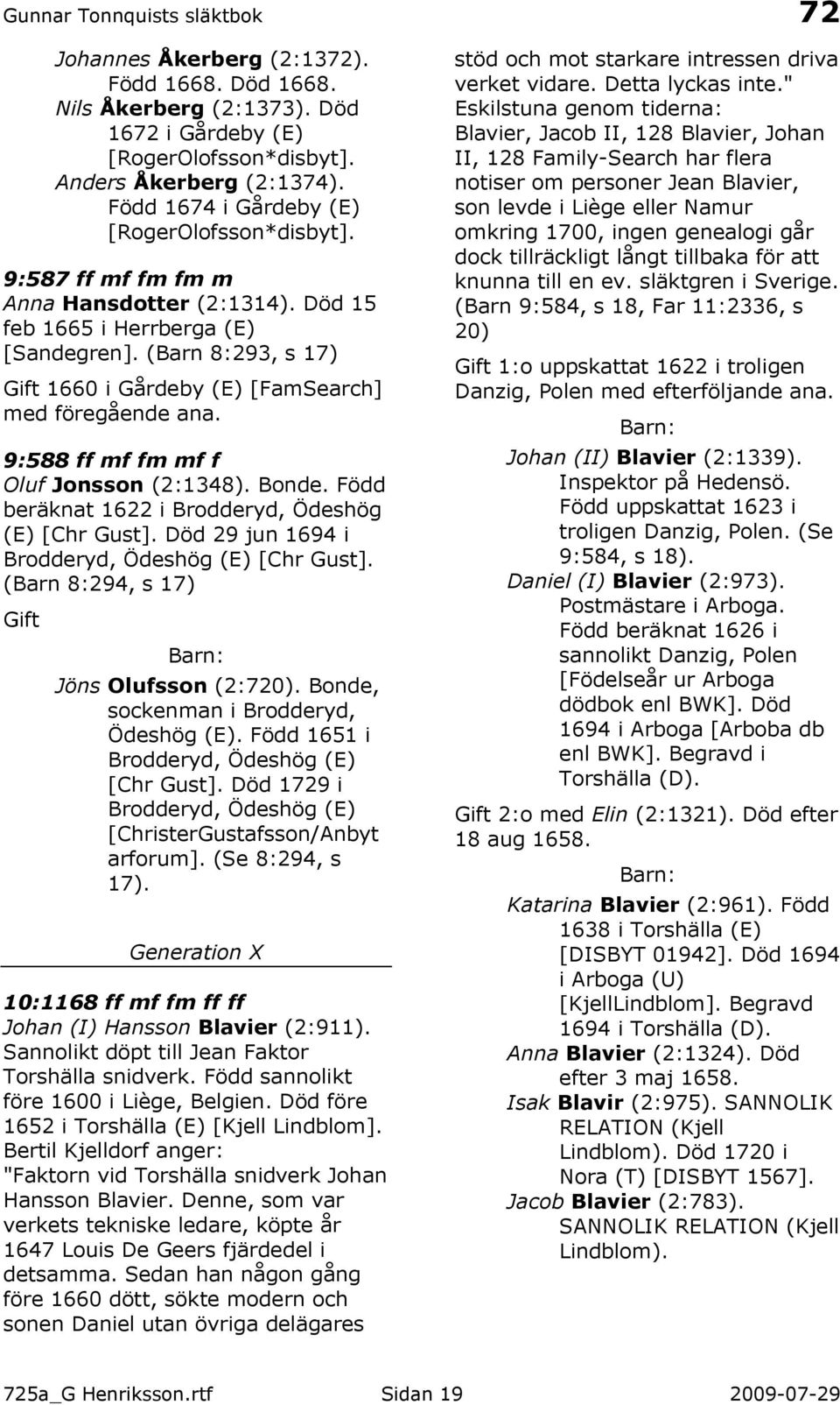 9:588 ff mf fm mf f Oluf Jonsson (2:1348). Bonde. Född beräknat 1622 i Brodderyd, Ödeshög (E) [Chr Gust]. Död 29 jun 1694 i Brodderyd, Ödeshög (E) [Chr Gust]. (Barn 8:294, s 17) Jöns Olufsson (2:720).