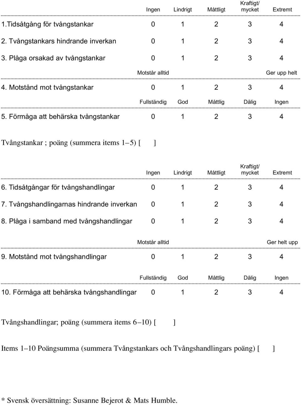 Förmåga att behärska tvångstankar 0 1 2 3 4 Tvångstankar ; poäng (summera items 1 5) [ ] Kraftigt/ Ingen Lindrigt Måttligt mycket Extremt 6. Tidsåtgångar för tvångshandlingar 0 1 2 3 4 7.