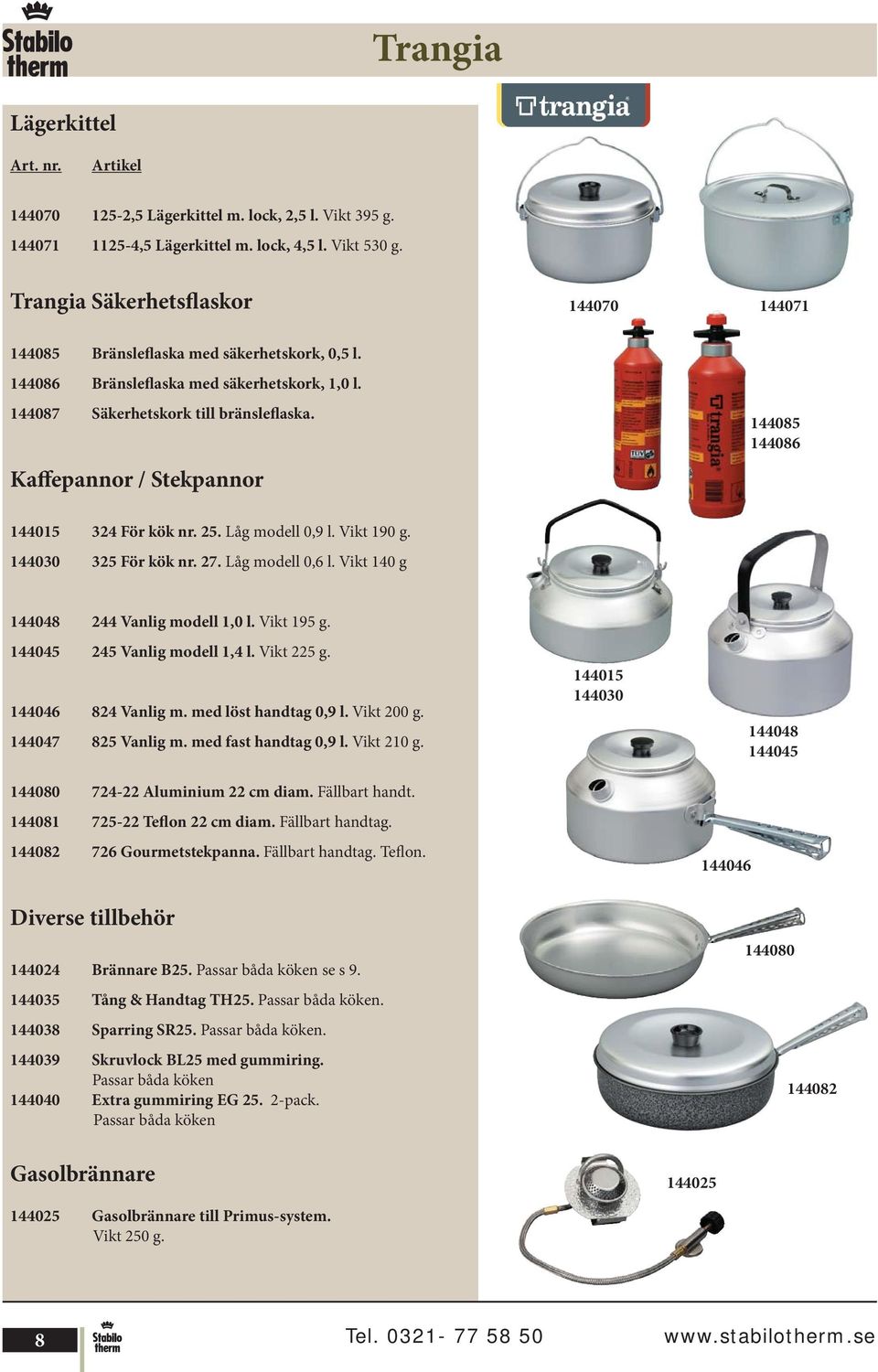 Kaffepannor / Stekpannor 144085 144086 144015 324 För kök nr. 25. Låg modell 0,9 l. Vikt 190 g. 144030 325 För kök nr. 27. Låg modell 0,6 l. Vikt 140 g 144048 244 Vanlig modell 1,0 l. Vikt 195 g.