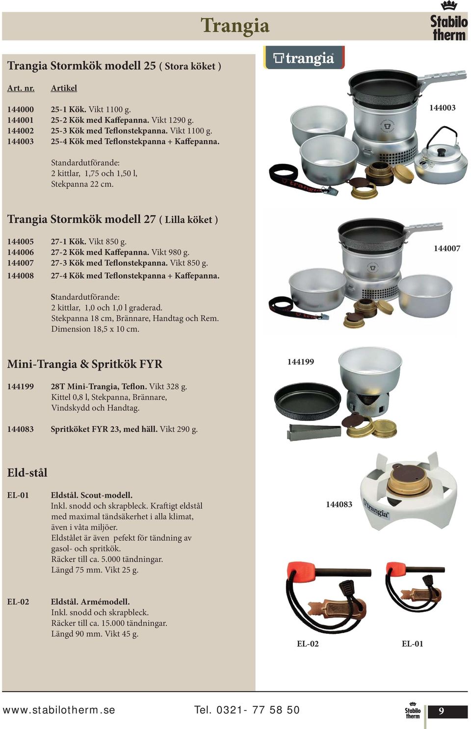 144007 27-3 Kök med Teflonstekpanna. Vikt 850 g. 144008 27-4 Kök med Teflonstekpanna + Kaffepanna. 144007 Standardutförande: 2 kittlar, 1,0 och 1,0 l graderad.
