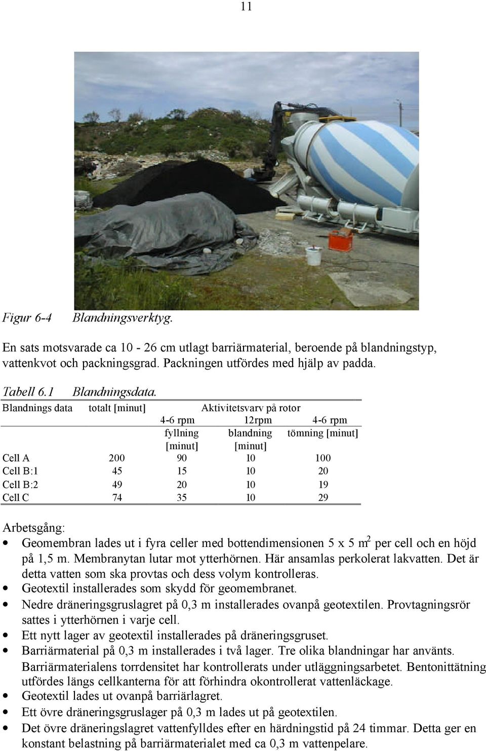 Blandnings data totalt [minut] Aktivitetsvarv på rotor 4-6 rpm 12rpm 4-6 rpm fyllning blandning tömning [minut] [minut] [minut] Cell A 200 90 10 100 Cell B:1 45 15 10 20 Cell B:2 49 20 10 19 Cell C