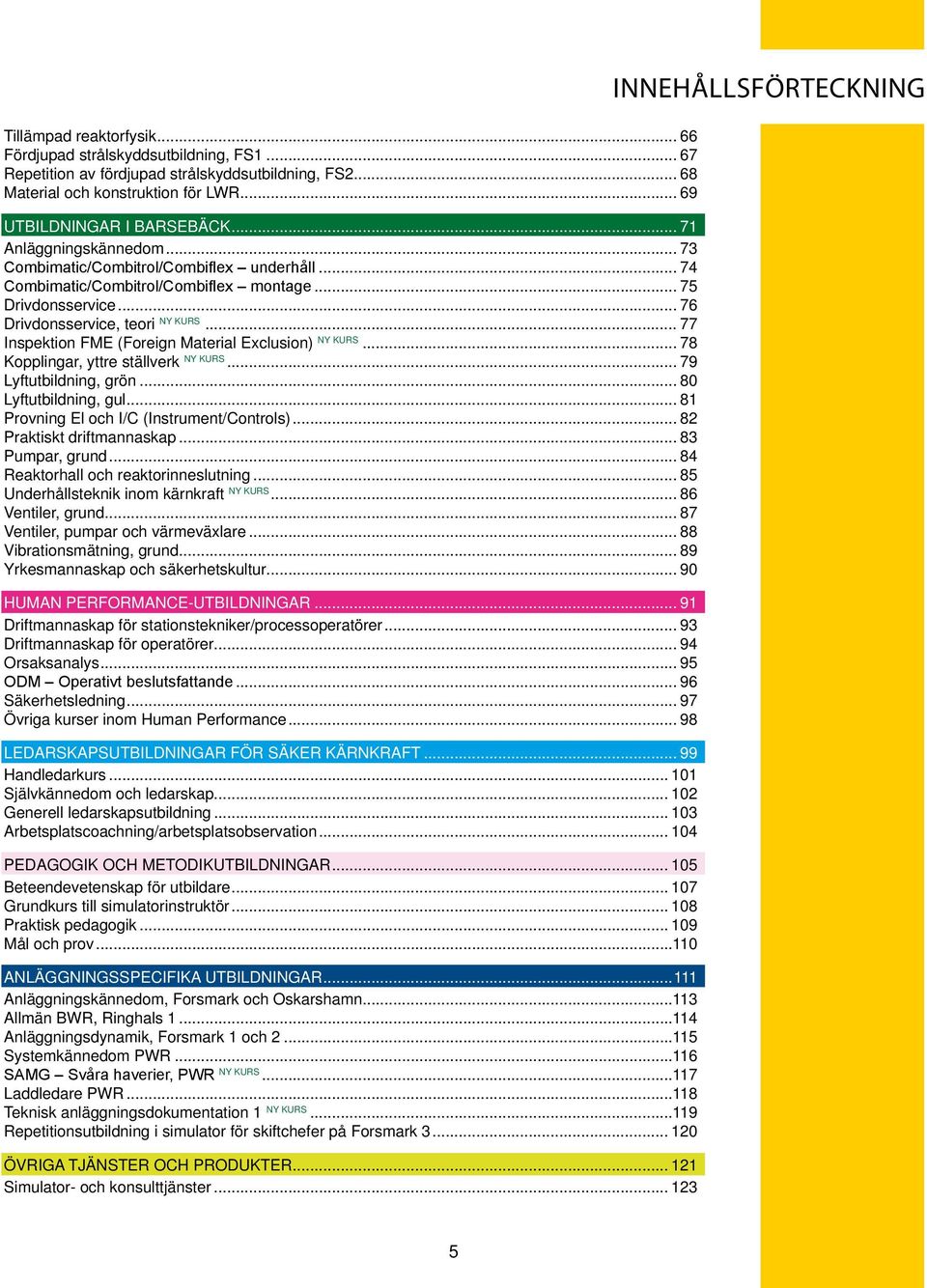 .. 77 Inspektion FME (Foreign Exclusion) ny kurs... 78 Kopplingar, yttre ställverk NY KURS... 79 Lyftutbildning, grön... 80 Lyftutbildning, gul... 81 Provning El och I/C (Instrument/Controls).