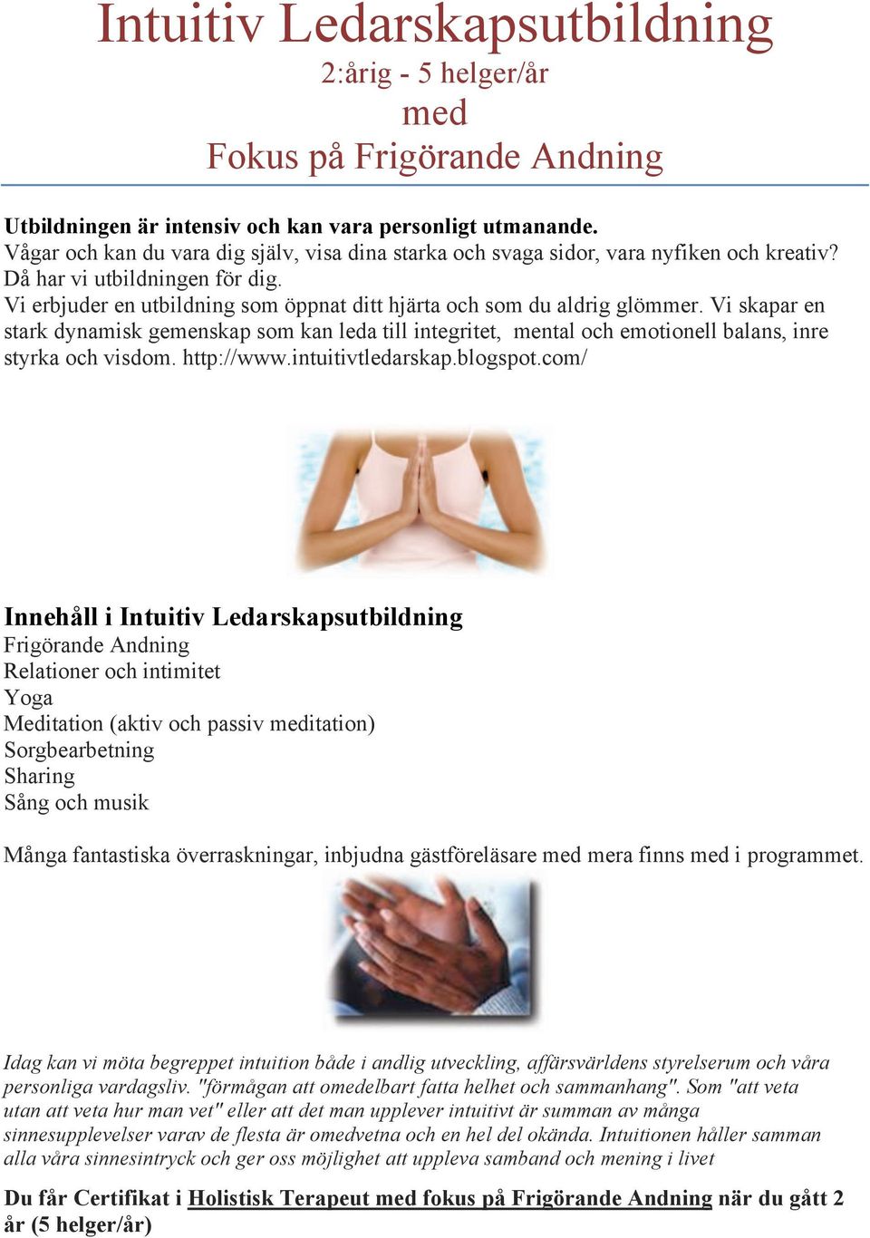 Vi skapar en stark dynamisk gemenskap som kan leda till integritet, mental och emotionell balans, inre styrka och visdom. http://www.intuitivtledarskap.blogspot.