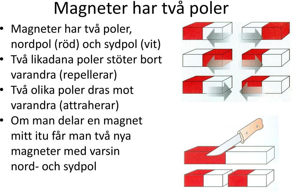 Två olika poler dras mot varandra (attraherar) Om man delar en