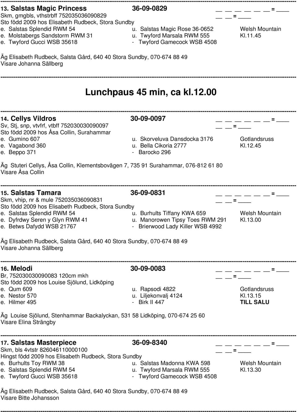 Twyford Gucci WSB 35618 - Twyford Gamecock WSB 4508 Äg Elisabeth Rudbeck, Salsta Gård, 640 40 Stora Sundby, 070-674 88 49 Visare Johanna Sällberg Lunchpaus 45 min, ca kl.12.00 14.