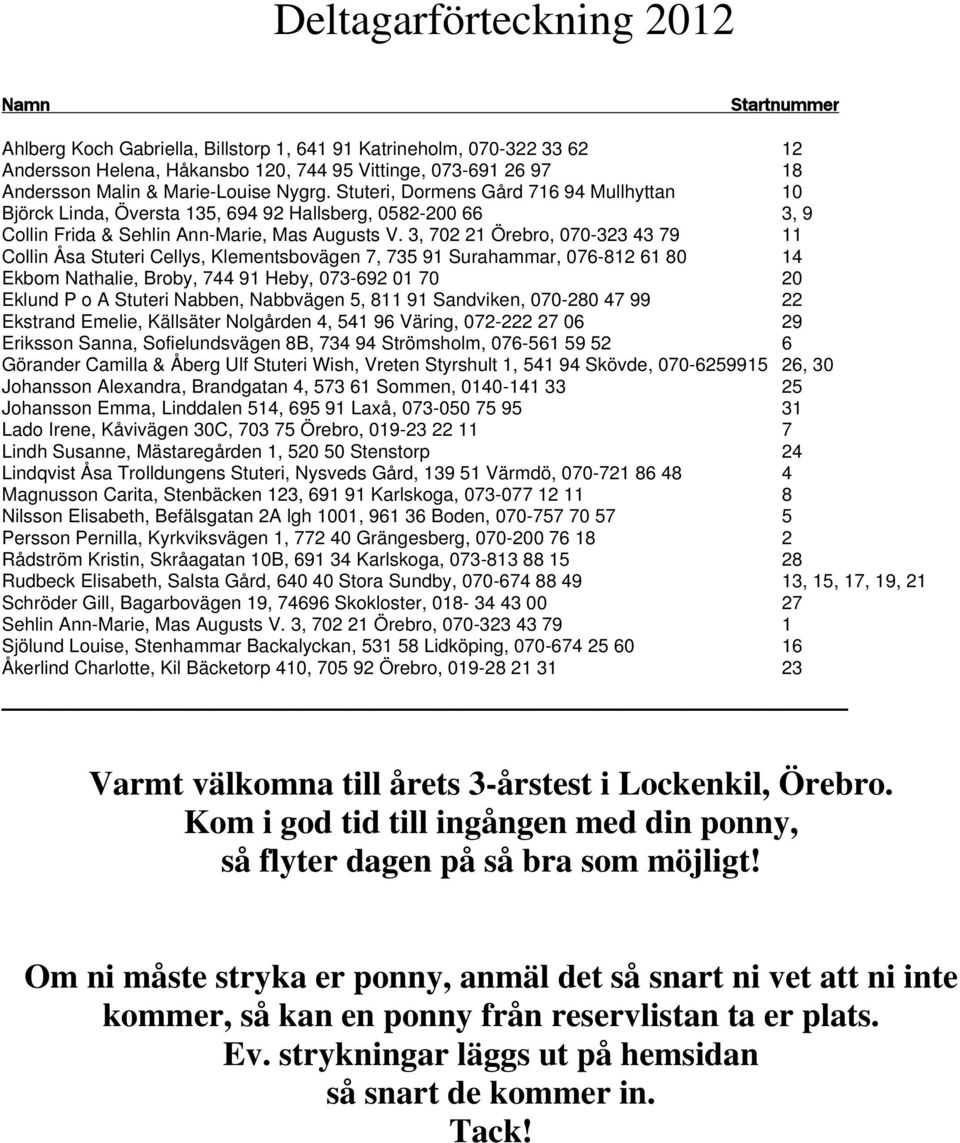 3, 702 21 Örebro, 070-323 43 79 11 Collin Åsa Stuteri Cellys, Klementsbovägen 7, 735 91 Surahammar, 076-812 61 80 14 Ekbom Nathalie, Broby, 744 91 Heby, 073-692 01 70 20 Eklund P o A Stuteri Nabben,