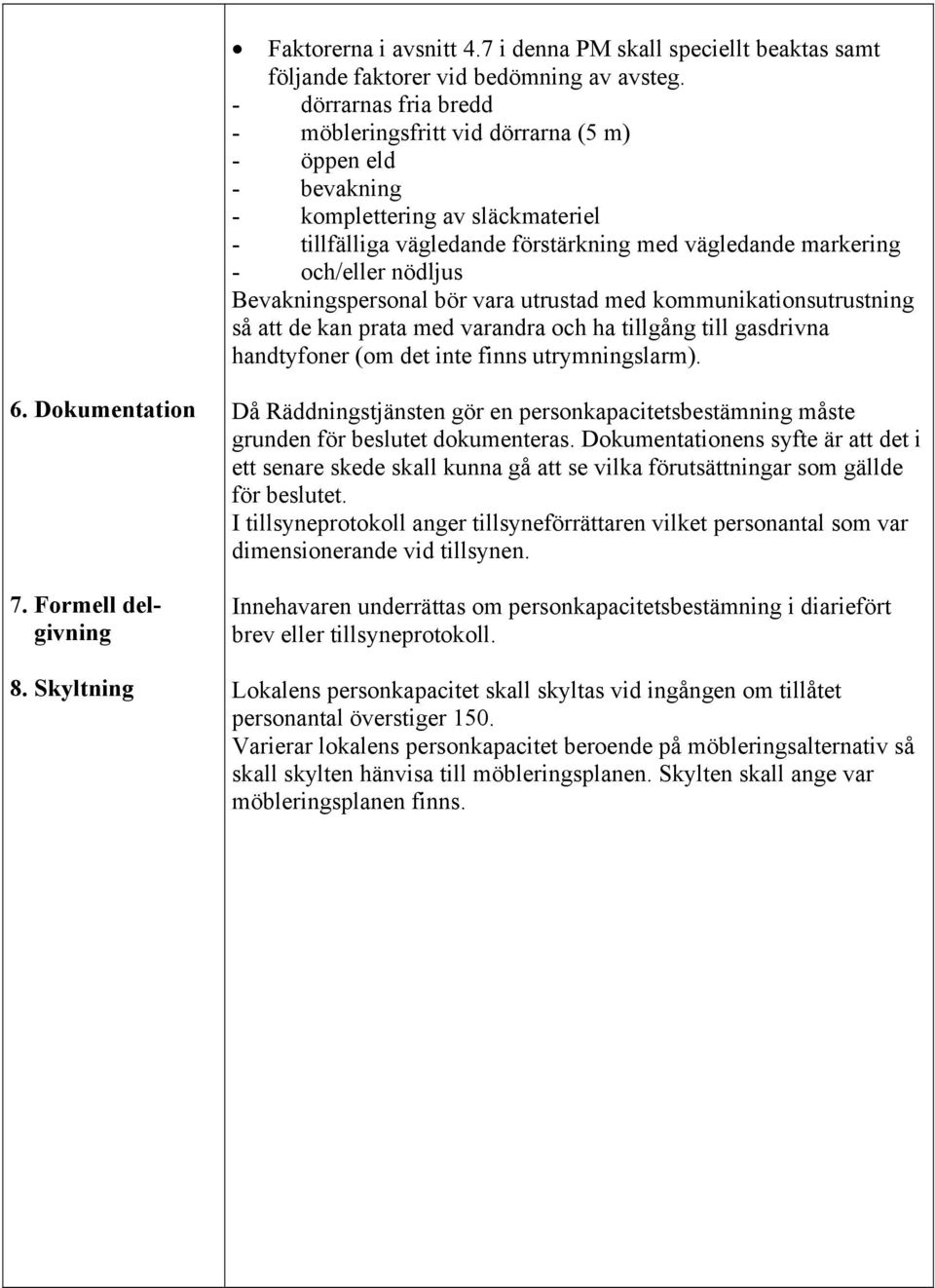 Bevakningspersonal bör vara utrustad med kommunikationsutrustning så att de kan prata med varandra och ha tillgång till gasdrivna handtyfoner (om det inte finns utrymningslarm). 6. Dokumentation 7.