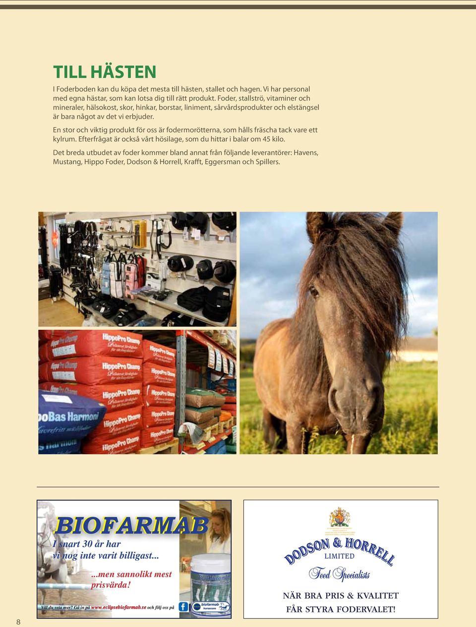 En stor och viktig produkt för oss är fodermorötterna, som hålls fräscha tack vare ett kylrum. Efterfrågat är också vårt hösilage, som du hittar i balar om 45 kilo.