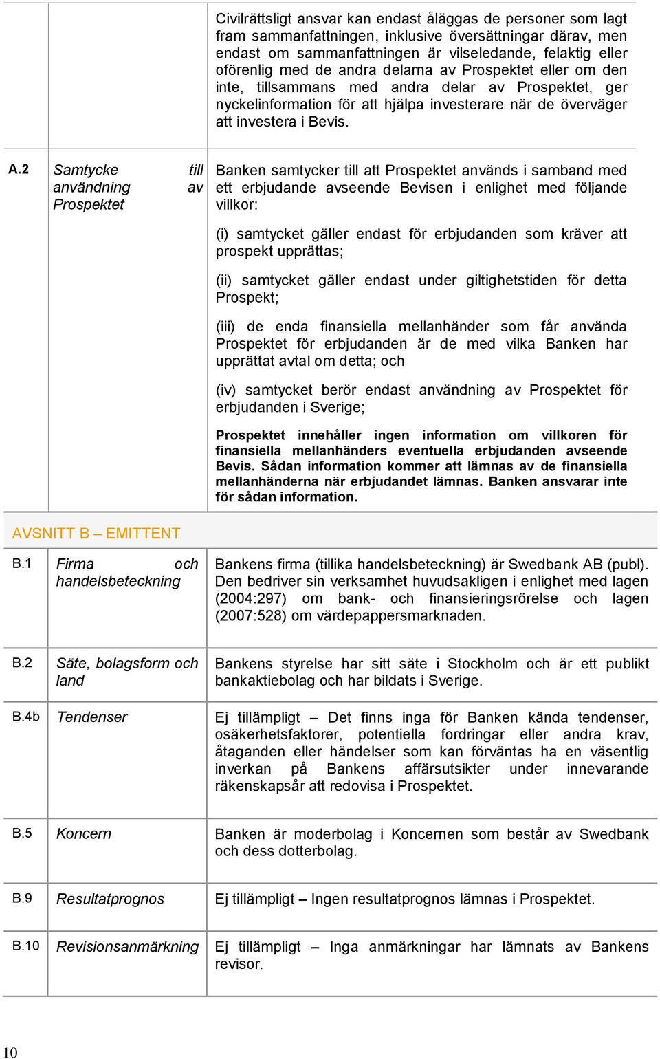 2 Samtycke till användning av Prospektet Banken samtycker till att Prospektet används i samband med ett erbjudande avseende Bevisen i enlighet med följande villkor: (i) samtycket gäller endast för