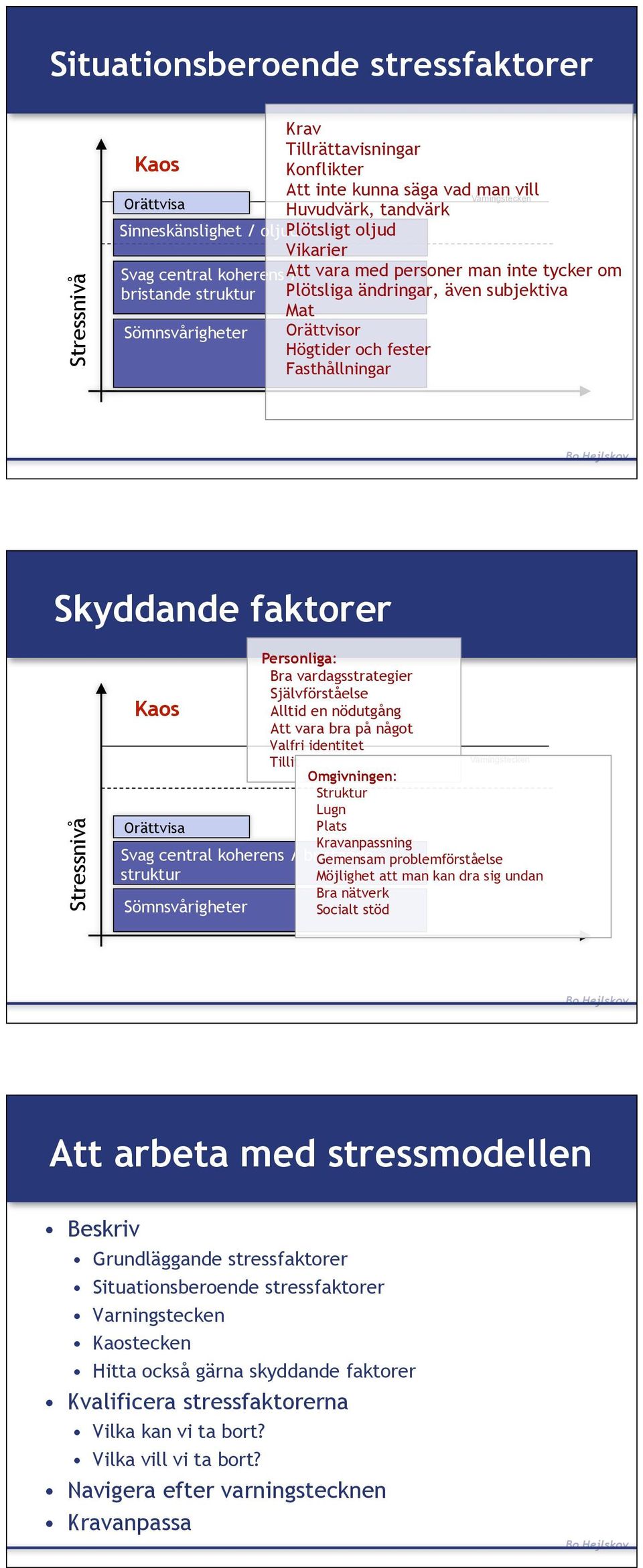 Skyddande faktorer Stressnivå Personliga: Bra vardagsstrategier Självförståelse Alltid en nödutgång Att vara bra på något Valfri identitet Tillit Varningstecken Omgivningen: Struktur Lugn Orättvisa