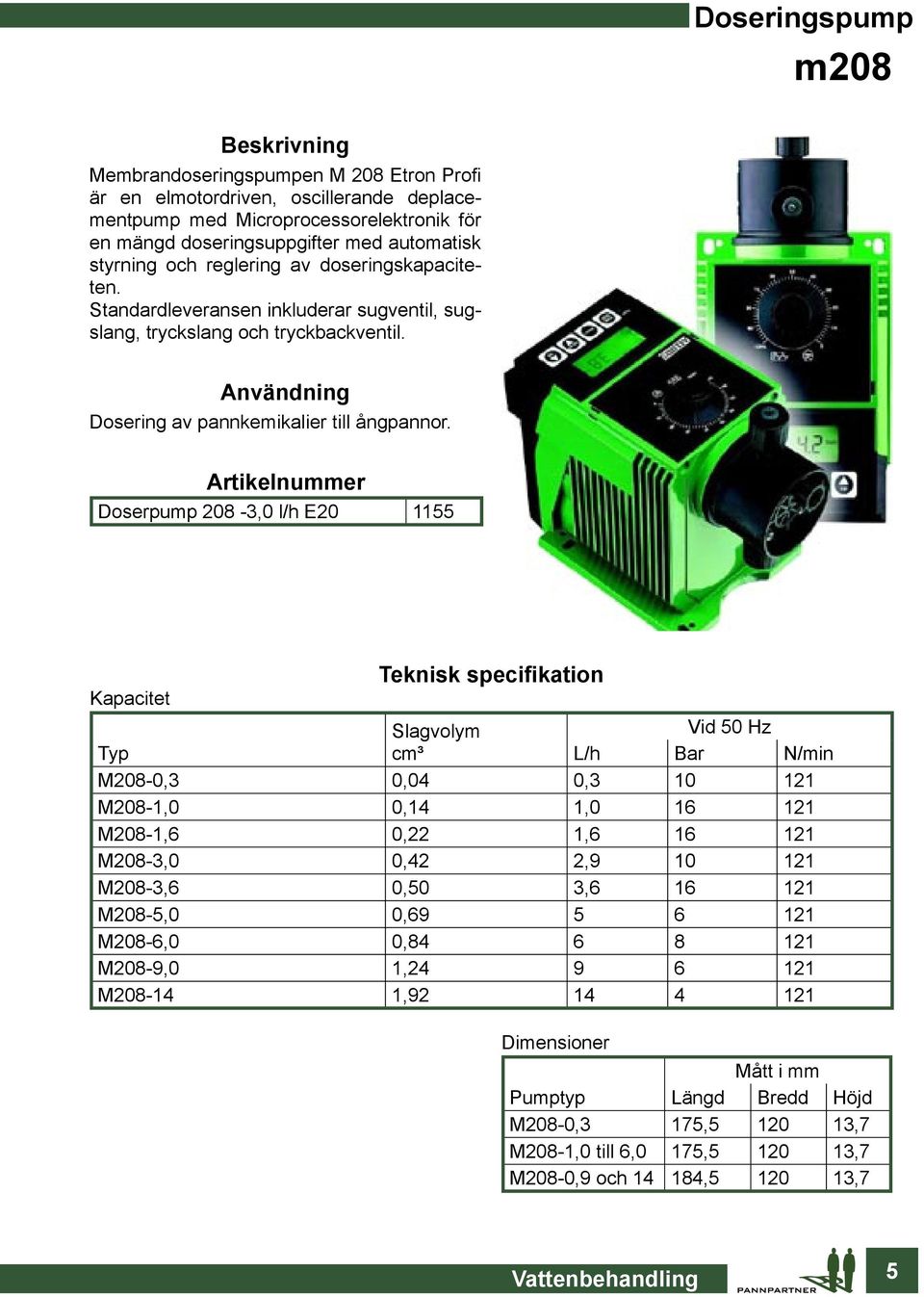 Doserpump 208-3,0 l/h E20 1155 Kapacitet Slagvolym Vid 50 Hz Typ cm³ L/h Bar N/min M208-0,3 0,04 0,3 10 121 M208-1,0 0,14 1,0 16 121 M208-1,6 0,22 1,6 16 121 M208-3,0 0,42 2,9 10 121 M208-3,6 0,50