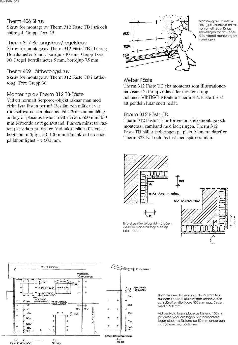 Montering av Therm 312 TB-Fäste Vid ett normalt Serporoc-objekt räknar man med cirka fyra fästen per m 2. Bestäm och märk ut var rörelse fogarna ska placeras.