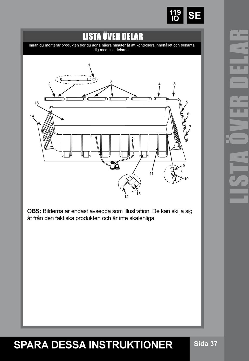 14 15 2 1 3 12 + 13 11 4 8 9 5 6 10 7 LISTA ÖVER DELAR OBS: Bilderna är endast