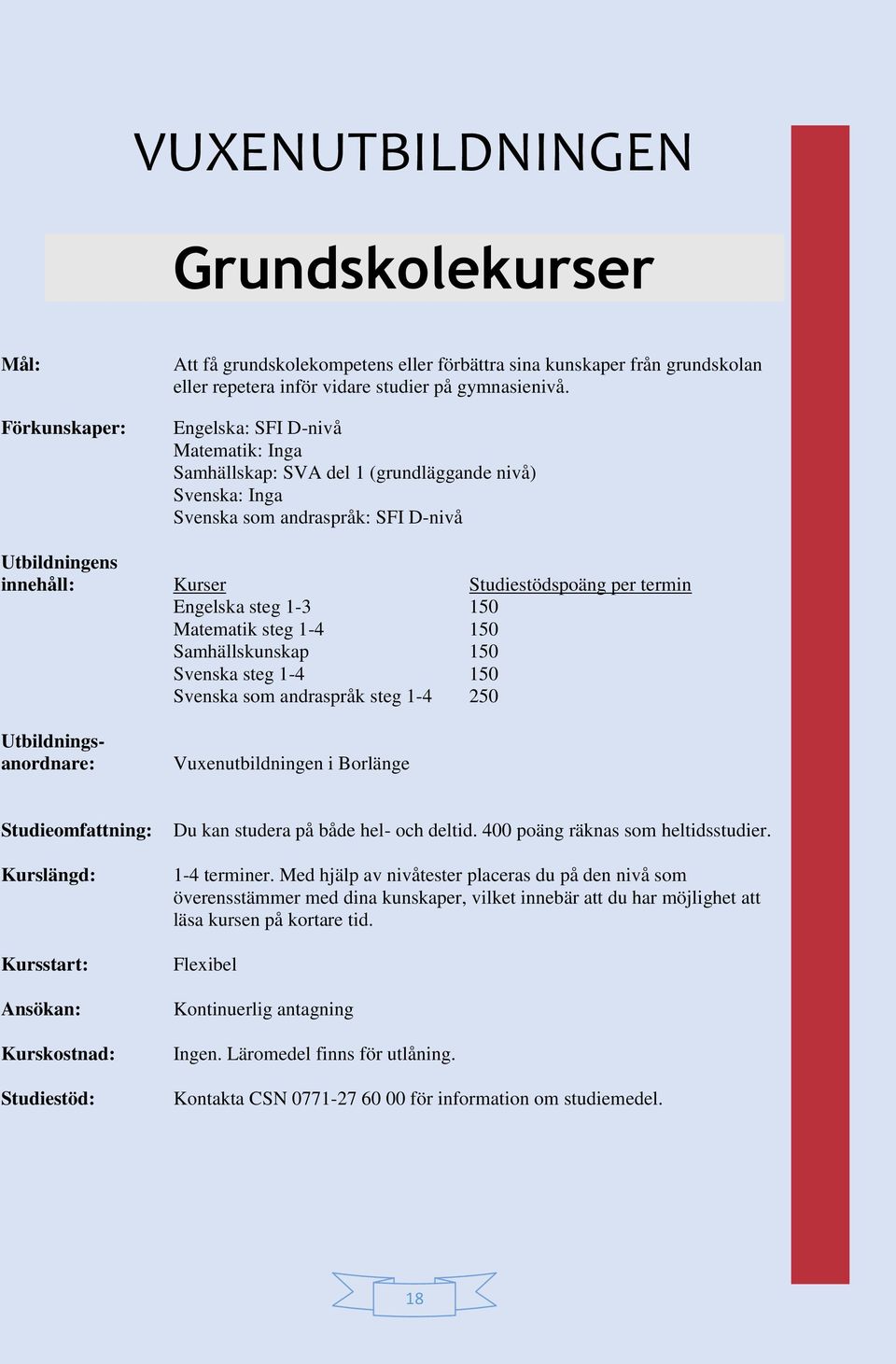 steg 1-3 150 Matematik steg 1-4 150 Samhällskunskap 150 Svenska steg 1-4 150 Svenska som andraspråk steg 1-4 250 Utbildningsanordnare: Vuxenutbildningen i Borlänge Studieomfattning: Kursstart: