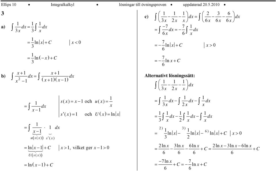 7 7 d d 6 6 7 ln + C > 6 7 ln + C 6 Alternativt lösningssätt: d d d d d d d 6 ln ln