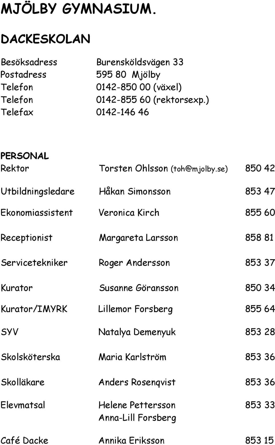 se) 850 42 Utbildningsledare Håkan Simonsson 853 47 Ekonomiassistent Veronica Kirch 855 60 Receptionist Margareta Larsson 858 81 Servicetekniker Roger Andersson