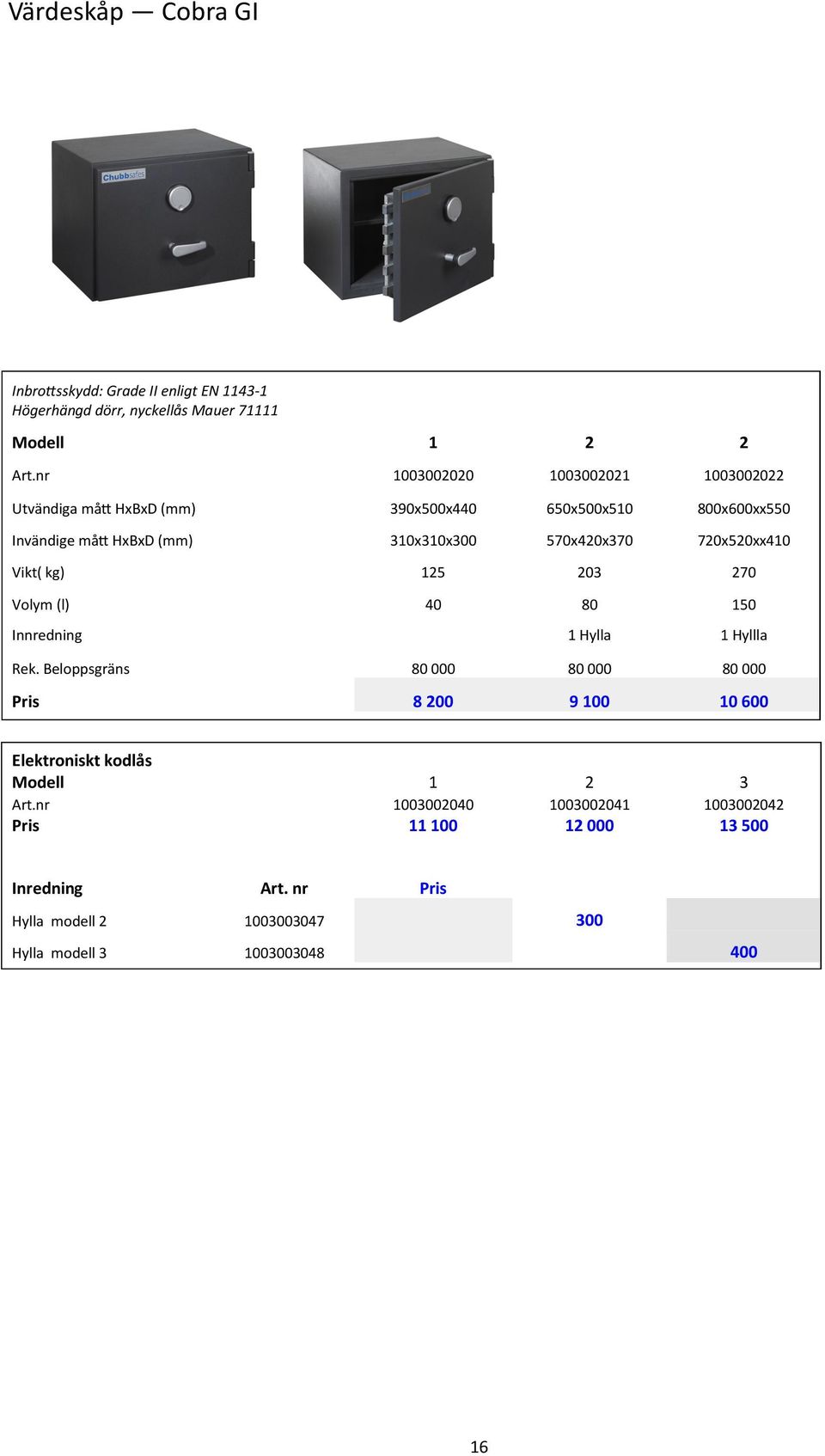 720x520xx410 Vikt( kg) 125 203 270 Volym (l) 40 80 150 Innredning 1 Hylla 1 Hyllla Rek.