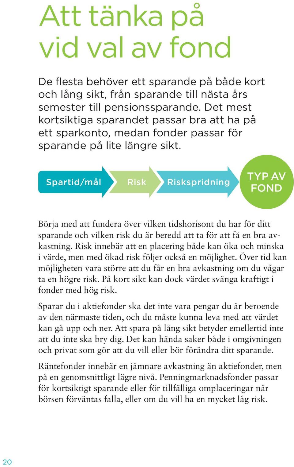 Spartid/mål Risk Riskspridning TYP AV FOND Börja med att fundera över vilken tidshorisont du har för ditt sparande och vilken risk du är beredd att ta för att få en bra avkastning.