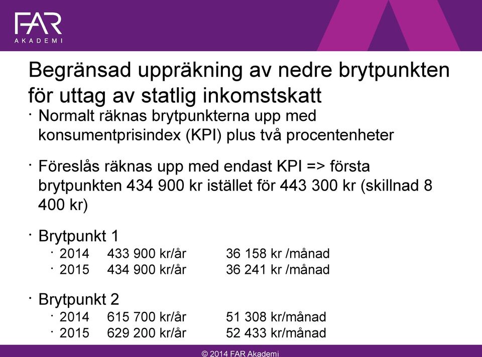 434 900 kr istället för 443 300 kr (skillnad 8 400 kr) Brytpunkt 1 2014 433 900 kr/år 36 158 kr /månad 2015