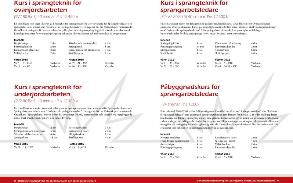 Deltagarna bör ha förkunskaper motsvarande Grundkurs i sprängteknik. Kursen behandlar pall-, plan- och rörgravssprängning såväl tekniskt som ekonomiskt.