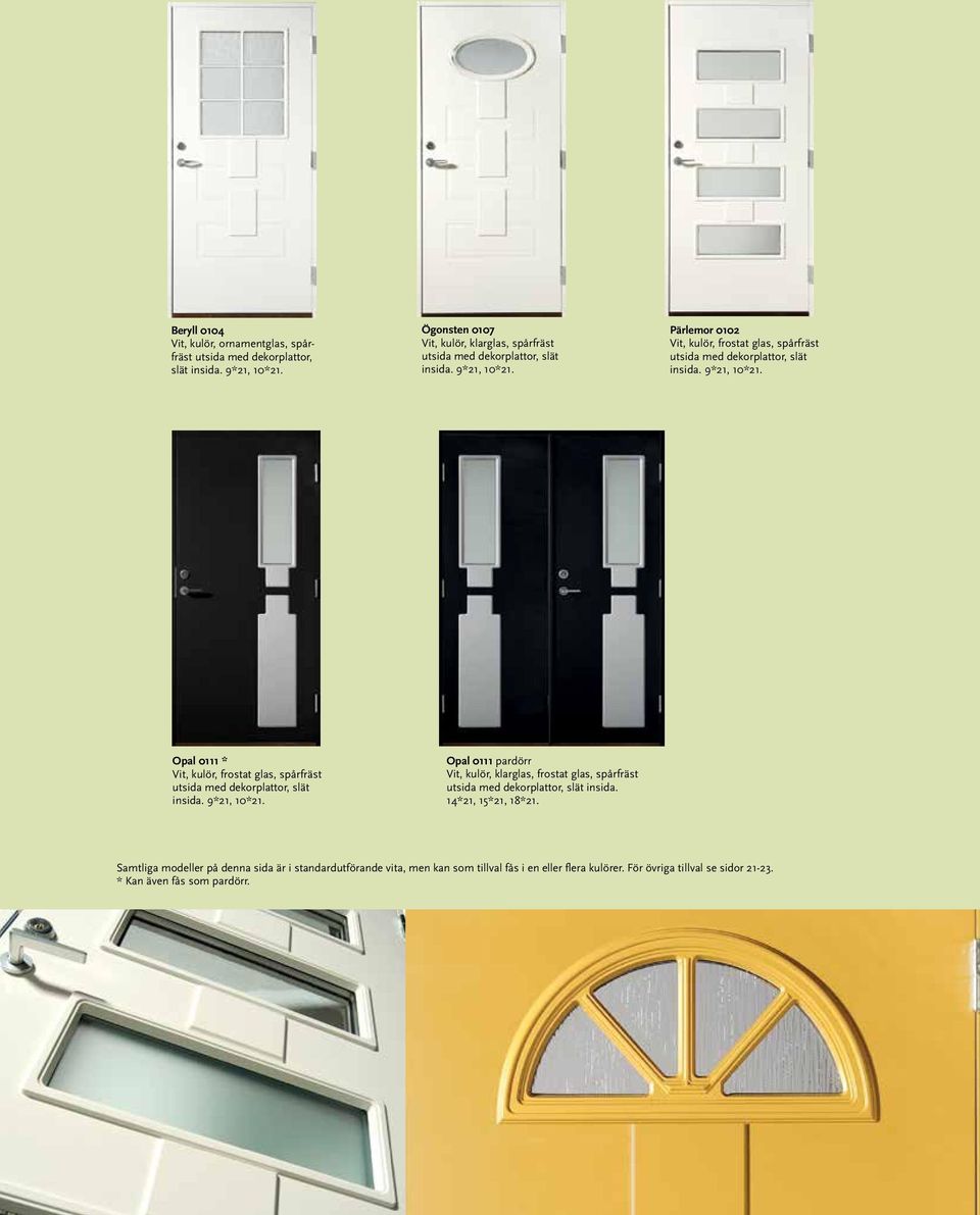 dekorplattor, slät Opal 0111 pardörr Vit, kulör, klarglas, frostat glas, spårfräst utsida med dekorplattor, slät insida. 14*21, 15*21, 18*21.
