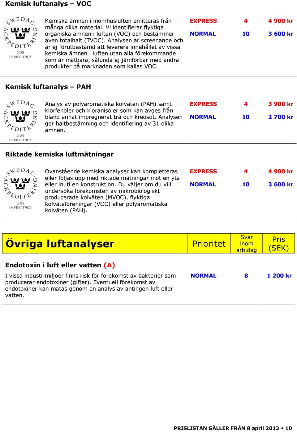 kallas VOC. 900 kr 3 600 kr Kemisk luftanalys PAH Analys av polyaromatiska kolväten (PAH) samt klorfenoler och kloranisoler som kan avges från bland annat impregnerat trä och kreosot.