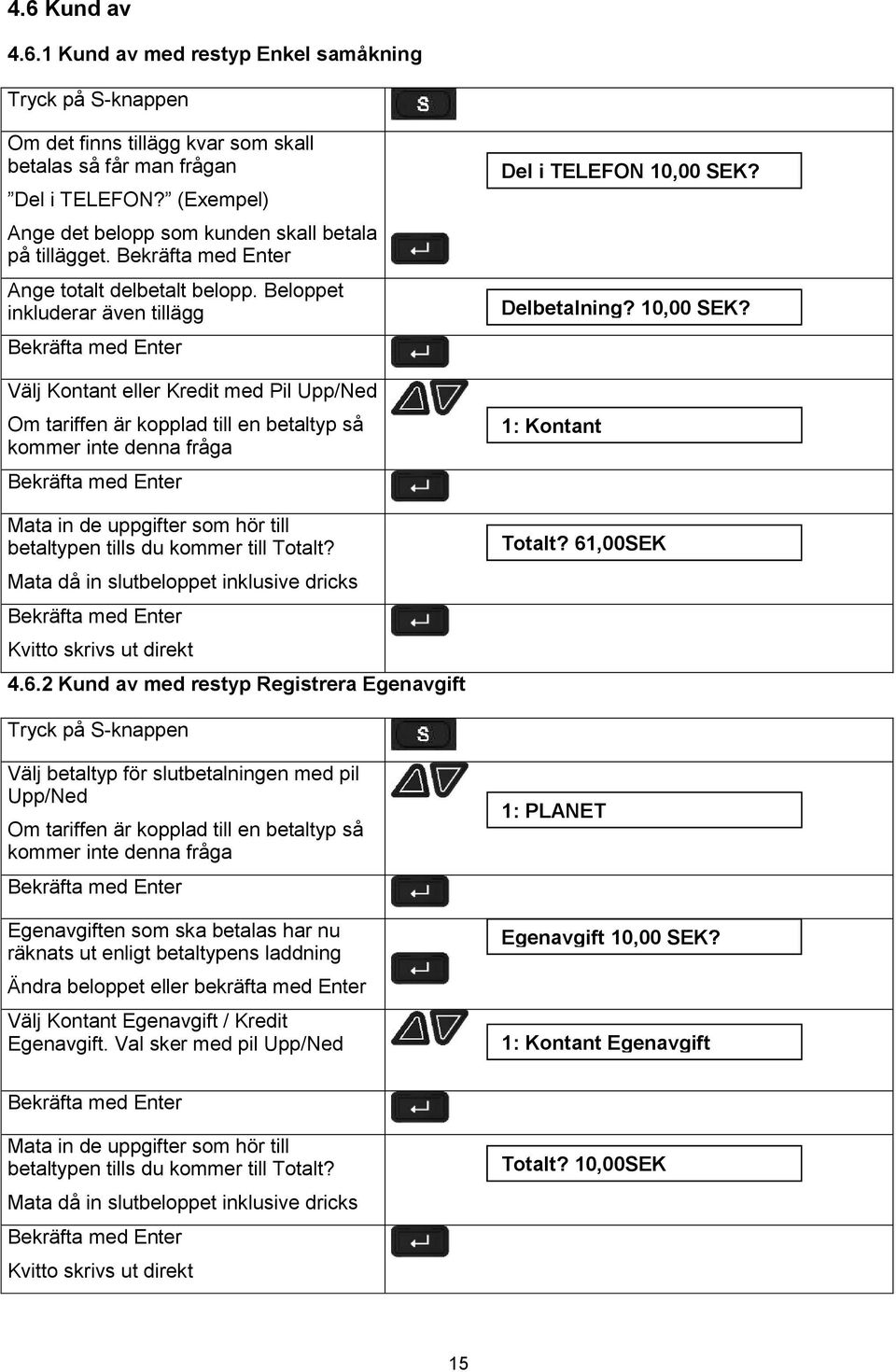 Beloppet inkluderar även tillägg Välj Kontant eller Kredit med Pil Upp/Ned Om tariffen är kopplad till en betaltyp så kommer inte denna fråga Mata in de uppgifter som hör till betaltypen tills du