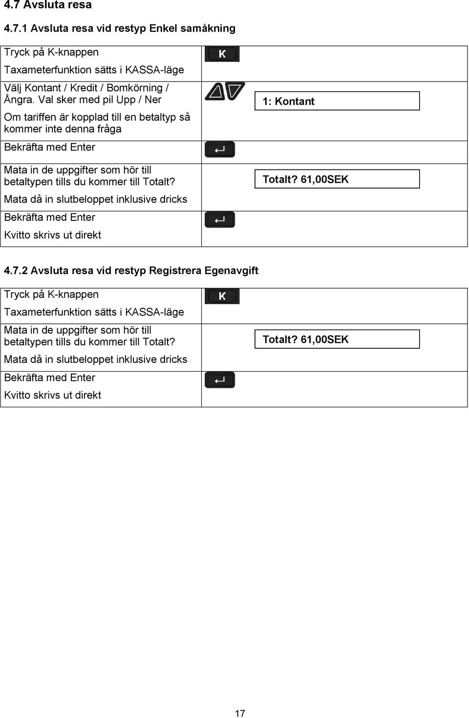 Mata då in slutbeloppet inklusive dricks Kvitto skrivs ut direkt 1: Kontant Totalt? 61,00SEK 4.7.