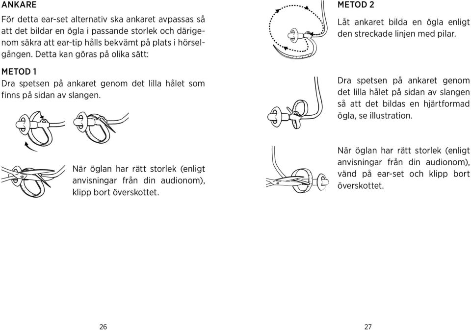 den streckade linjen med pilar Dra spetsen på ankaret genom det lilla hålet på sidan av slangen så att det bildas en hjärtformad ögla, se illustration När öglan har rätt