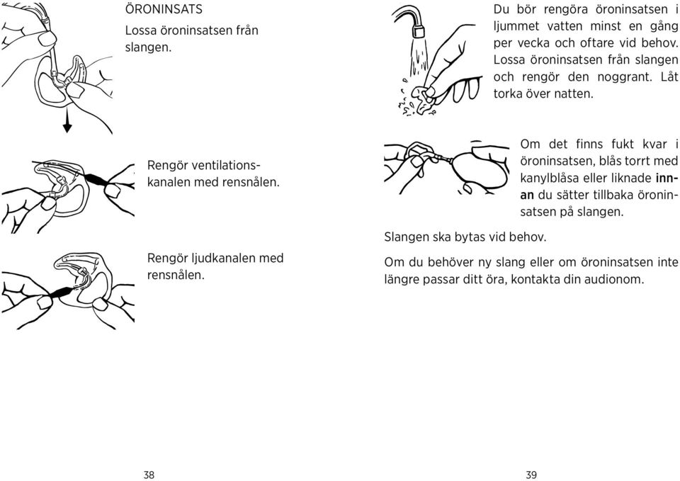 ljudkanalen med rensnålen Slangen ska bytas vid behov Om det finns fukt kvar i öroninsatsen, blås torrt med kanylblåsa eller liknade