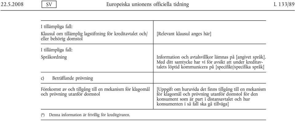Med ditt samtycke har vi för avsikt att under kreditavtalets löptid kommunicera på [specifikt/specifika språk] c) Beträffande prövning Förekomst av och tillgång till en