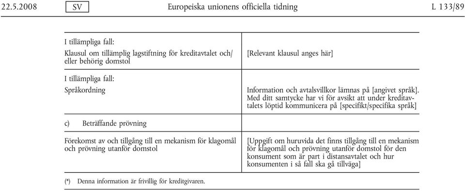 Med ditt samtycke har vi för avsikt att under kreditavtalets löptid kommunicera på [specifikt/specifika språk] c) Beträffande prövning Förekomst av och tillgång till en