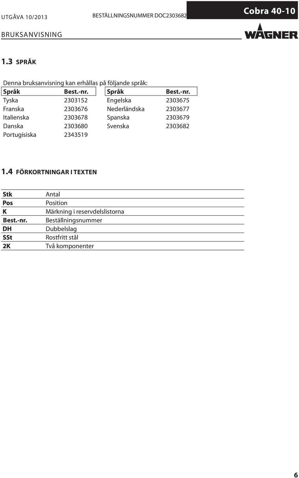 Tyska 2303152 Engelska 2303675 Franska 2303676 Nederländska 2303677 Italienska 2303678 Spanska