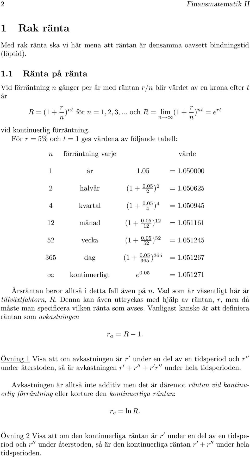 050625 4 kvartal (1 + 0.05 4 )4 = 1.050945 12 månad (1 + 0.05 12 )12 = 1.051161 52 vecka (1 + 0.05 52 )52 = 1.051245 365 dag (1 + 0.05 365 )365 = 1.051267 kontinuerligt e 0.05 = 1.