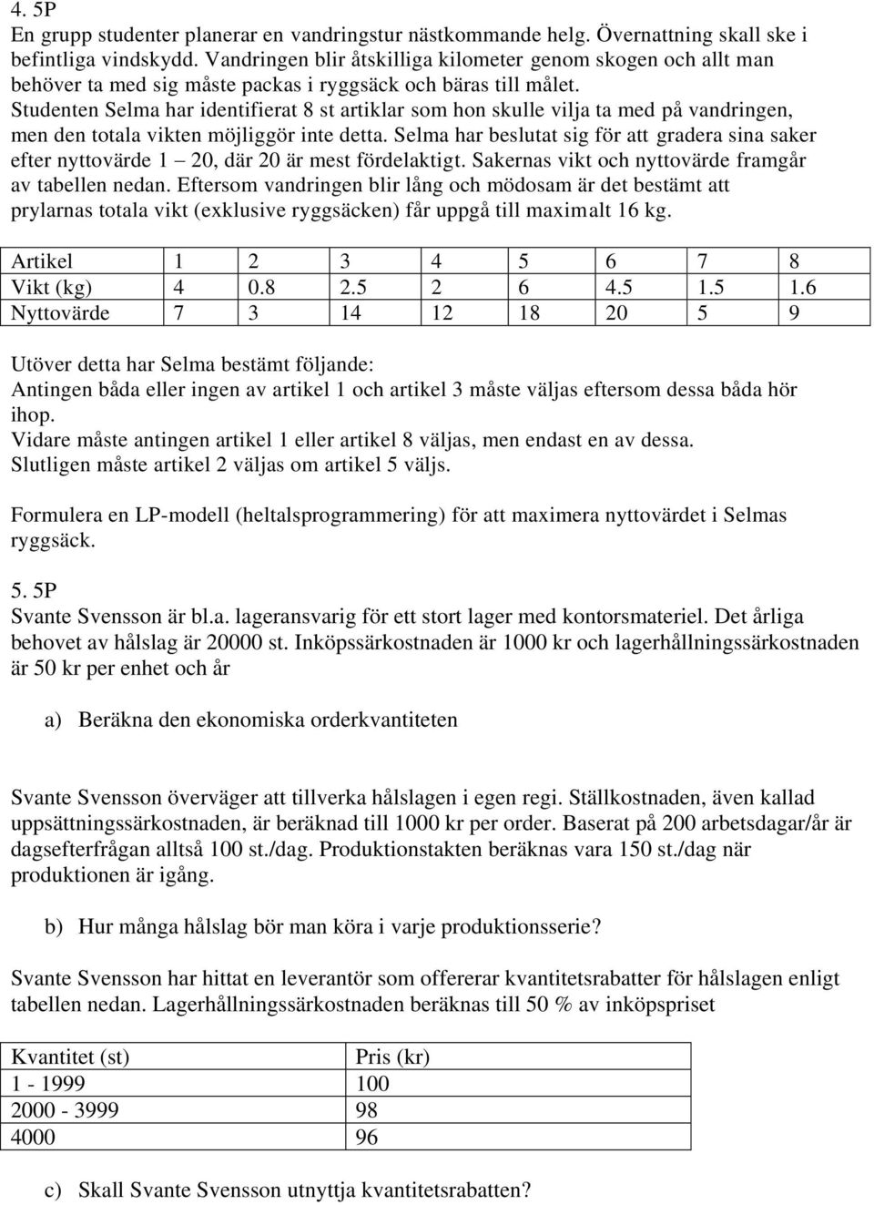 Studenten Selma har identifierat 8 st artiklar som hon skulle vilja ta med på vandringen, men den totala vikten möjliggör inte detta.