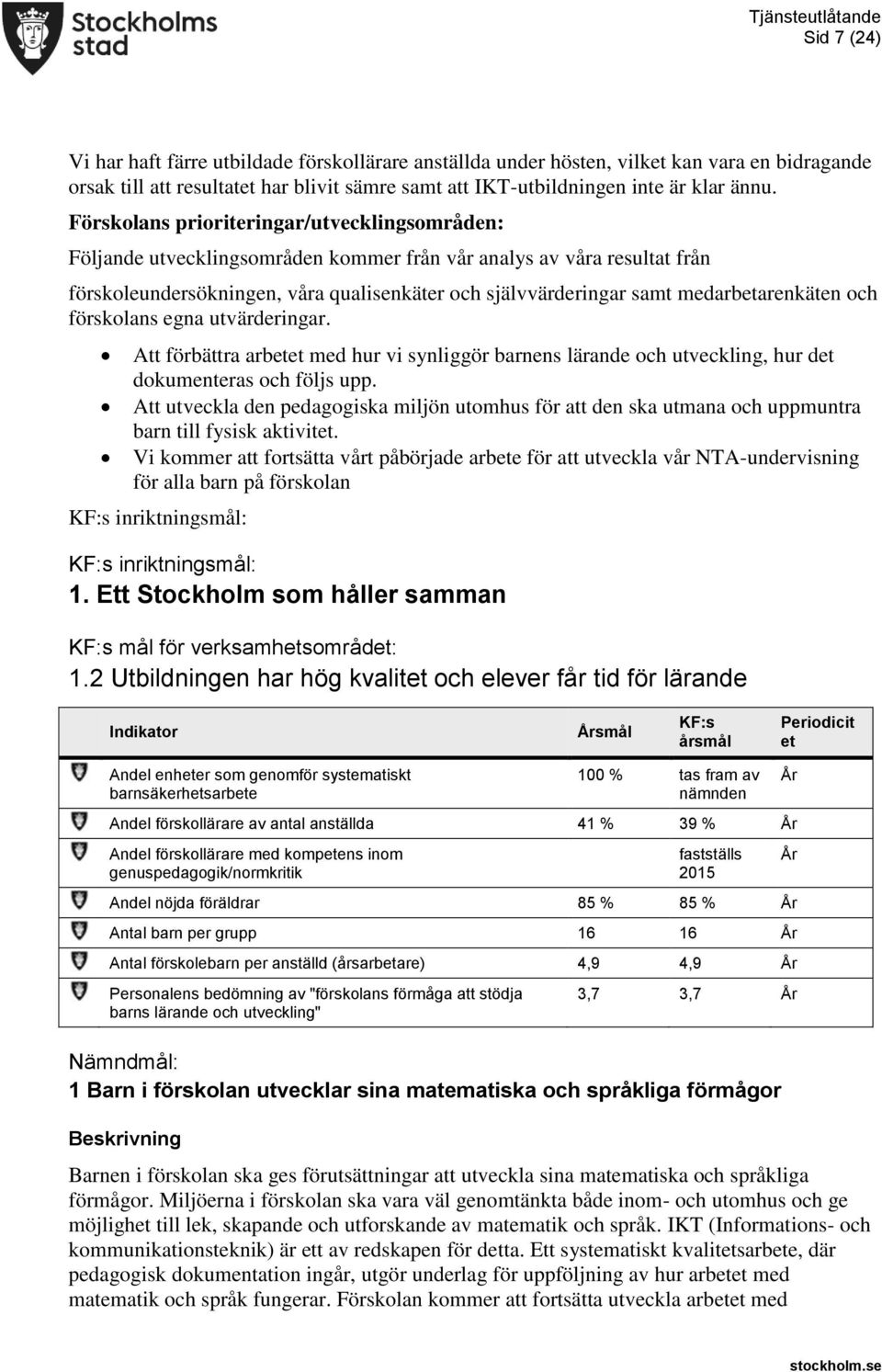 medarbetarenkäten och förskolans egna utvärderingar. Att förbättra arbetet med hur vi synliggör barnens lärande och utveckling, hur det dokumenteras och följs upp.