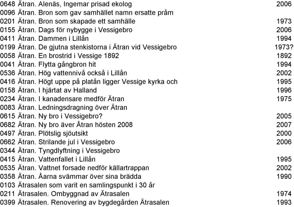 Flytta gångbron hit 1994 0536 Ätran. Hög vattennivå också i Lillån 2002 0416 Ätran. Högt uppe på platån ligger Vessige kyrka och 1995 0158 Ätran. I hjärtat av Halland 1996 0234 Ätran.