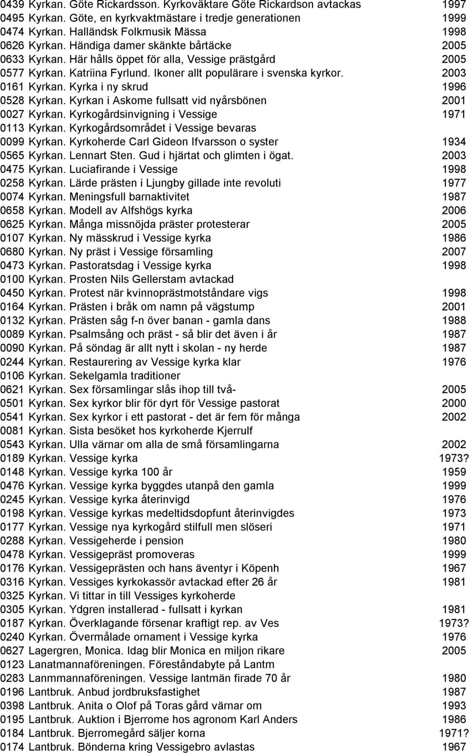 Kyrka i ny skrud 1996 0528 Kyrkan. Kyrkan i Askome fullsatt vid nyårsbönen 2001 0027 Kyrkan. Kyrkogårdsinvigning i Vessige 1971 0113 Kyrkan. Kyrkogårdsområdet i Vessige bevaras 0099 Kyrkan.