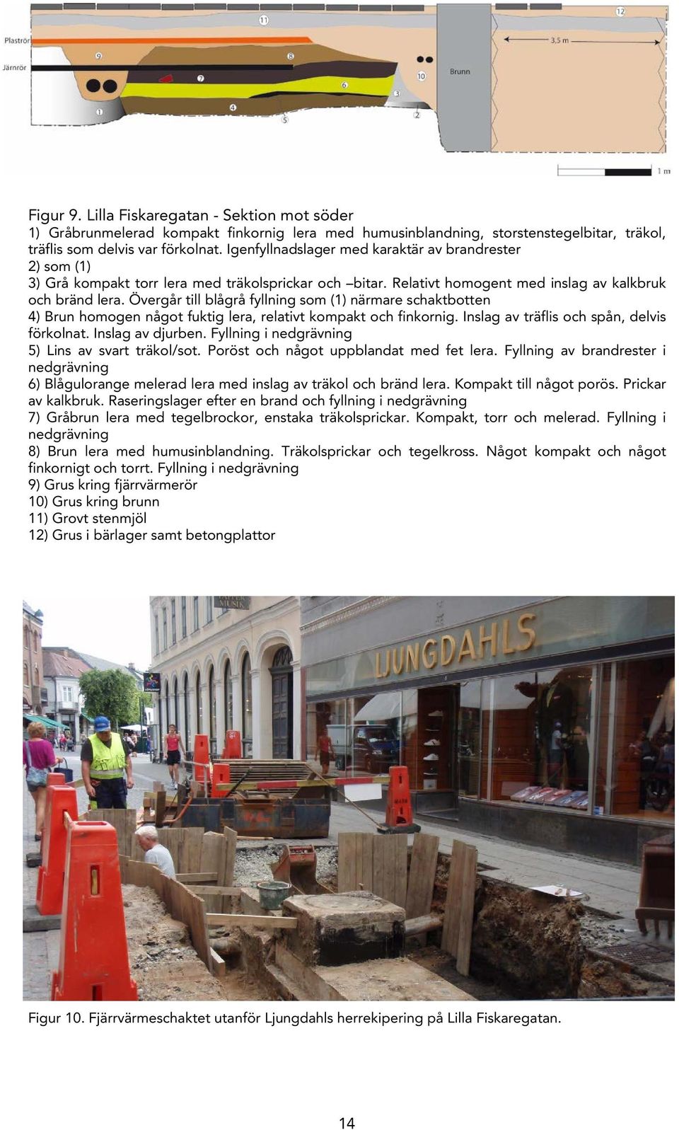 Övergår till blågrå fyllning som (1) närmare schaktbotten 4) Brun homogen något fuktig lera, relativt kompakt och finkornig. Inslag av träflis och spån, delvis förkolnat. Inslag av djurben.