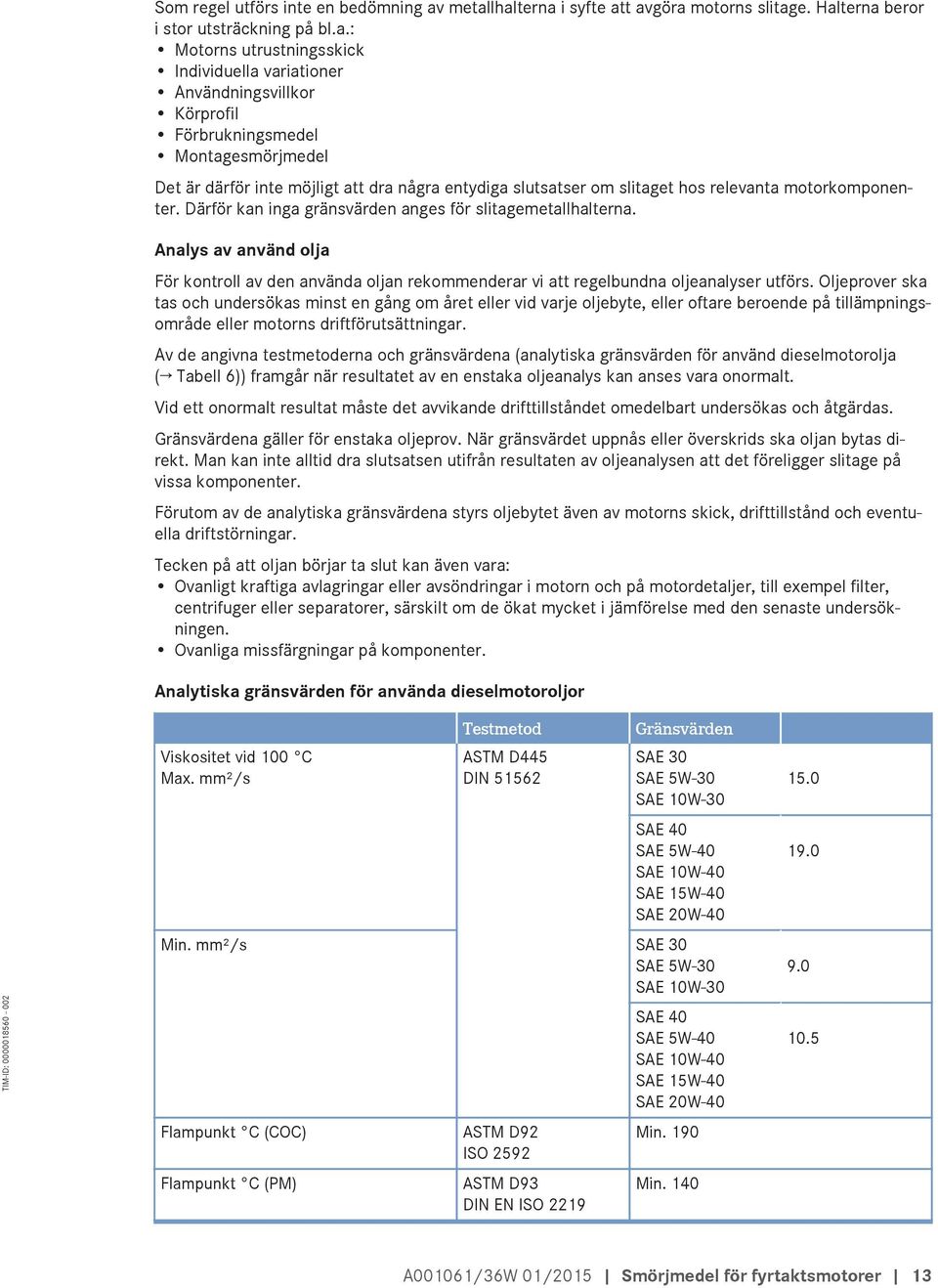 Montagesmörjmedel Det är därför inte möjligt att dra några entydiga slutsatser om slitaget hos relevanta motorkomponenter. Därför kan inga gränsvärden anges för slitagemetallhalterna.